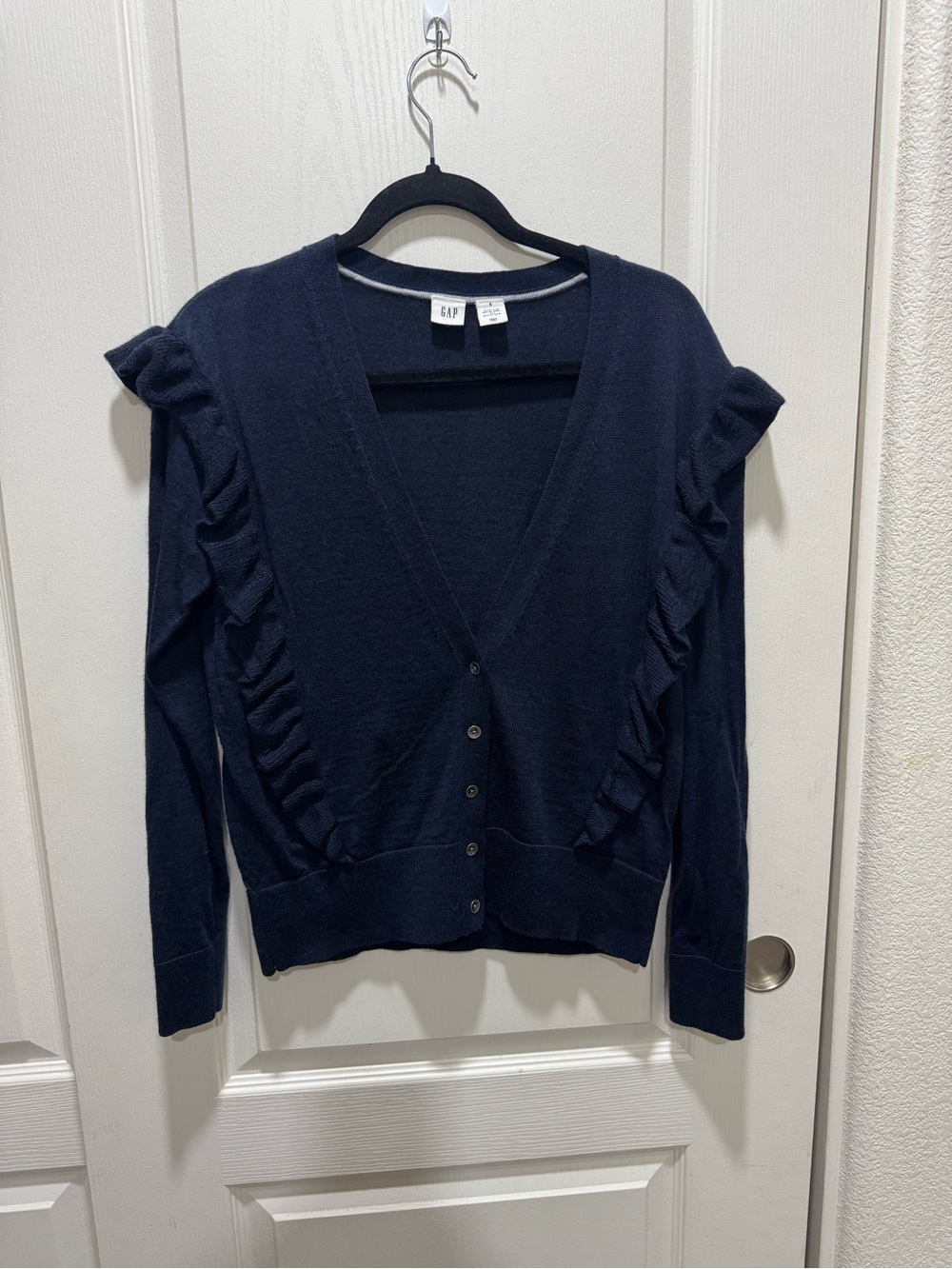 GAP Women's Navy Blue Merino Wool Ruffle Cardigan Sweater Size S